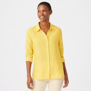 J Jill 100% Linen Button Shirt Yellow Long Sleeve Top Petite XL Lightweight